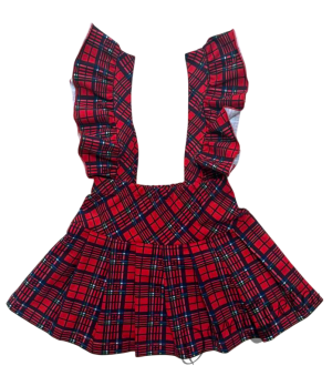 Комплект за момиче от 5 части- сукман Гери в червено каре с плисирана пола, риза в бяло с къс ръкав и къдрички ,панделка за ризка и чорапки и диадема 