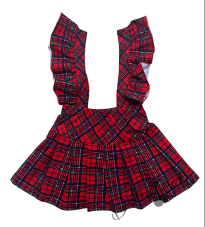 Комплект за момиче от 5 части- сукман Гери в червено каре с плисирана пола, риза в бяло с дълъг ръкав и къдрички ,панделка за ризка и чорапки и диадема в 