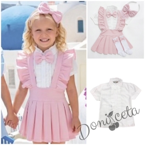 Комплект за момиче от 5 части- сукман Гери в розово с плисирана пола, риза в бяло с къс  ръкав и къдрички с панделка в розово, чорапки и диадема