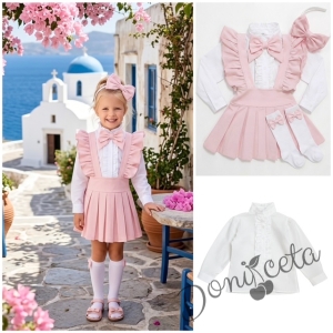 Комплект за момиче от 5 части- сукман Гери в розово с плисирана пола, риза в бяло с дълъг ръкав и къдрички с панделка в розово, чорапки и диадема