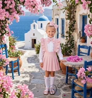 Комплект за момиче от 5 части- сукман Гери в розово с плисирана пола, риза в бяло с дълъг ръкав и къдрички с панделка в розово, чорапки и диадема