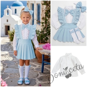 Комплект за момиче от 5 части- сукман Гери в светлосиньо с плисирана пола, риза в бяло с дълъг ръкав и къдрички с панделка, чорапки и диадема