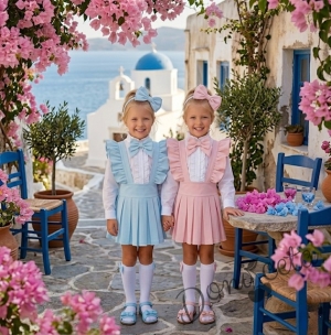 Комплект за момиче от 5 части- сукман Гери в светлосиньо с плисирана пола, риза в бяло с дълъг ръкав и къдрички с панделка, чорапки и диадема