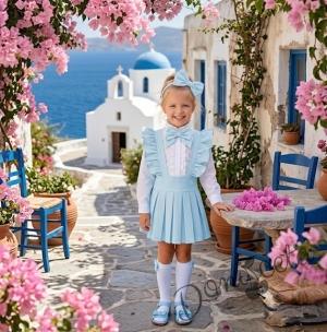 Комплект за момиче от 5 части- сукман Гери в светлосиньо с плисирана пола, риза в бяло с дълъг ръкав и къдрички с панделка, чорапки и диадема