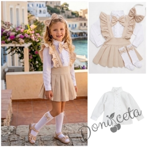 Комплект за момиче от 5 части в бежово-сукман плисе Гери, риза с дълъг ръкав с панделка, чорапки с панделка в бежово и диадема с панделка