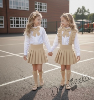 Комплект за момиче от 5 части в бежово-сукман плисе Гери, риза с дълъг ръкав с панделка, чорапки с панделка в бежово и диадема с панделка