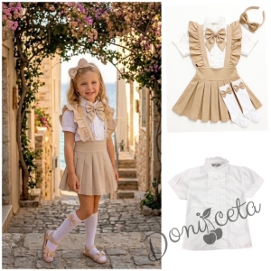 Комплект за момиче от 5 части в бежово-сукман плисе Гери, риза с къс ръкав с панделка, чорапки с панделка в бежово и диадема с панделка