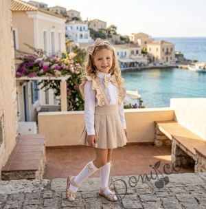 Комплект за момиче от 5 части в бежово-сукман плисе Гери, риза с дълъг ръкав с панделка, чорапки с панделка в бежово и диадема с панделка