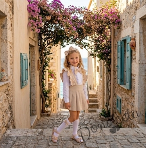 Комплект за момиче от 5 части в бежово-сукман плисе Гери, риза с дълъг ръкав с панделка, чорапки с панделка в бежово и диадема с панделка