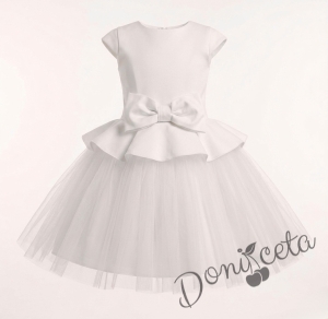 Комплект от детска рокля с къс ръкав с тюл и панделка в бяло и болеро Contrast