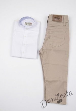 Детски комплект за момче от 2 части-риза с дълъг ръкав в бяло без яка и панталон в бежово