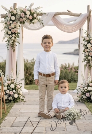 Детски комплект за момче от 2 части-риза с дълъг ръкав в бяло без яка и панталон в бежово