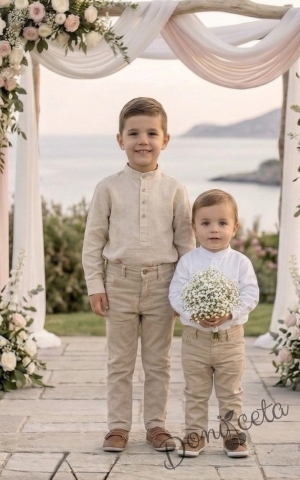 Детска риза с дълъг ръкав за момче в бежово без яка с бежови копчета