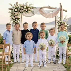 Детска риза с дълъг ръкав за момче в бежово без яка с бежови копчета