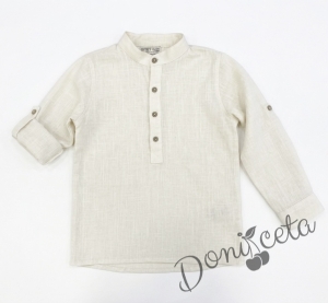 Детска риза с дълъг ръкав за момче в екрю без яка с бежови копчета