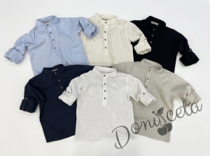 Детска риза с дълъг ръкав за момче в екрю без яка с бежови копчета