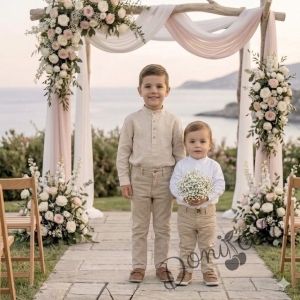 Детска риза с дълъг ръкав за момче в екрю без яка с бежови копчета