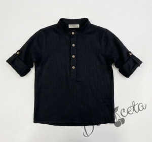 Детска риза с дълъг ръкав за момче в черно без яка с бежови копчета