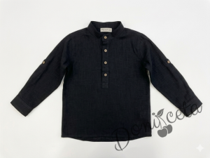 Детска риза с дълъг ръкав за момче в черно без яка с бежови копчета