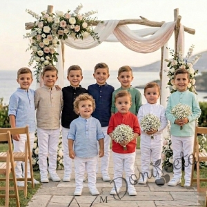 Детска риза без яка с дълъг ръкав  за момче в светлосиньо