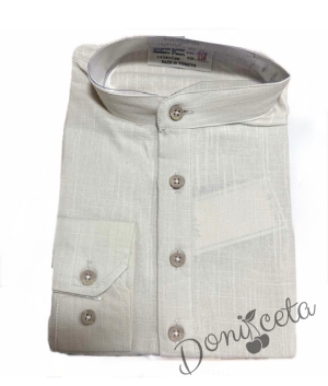 Детска риза с дълъг ръкав за момче в бежово без яка с бежови копчета