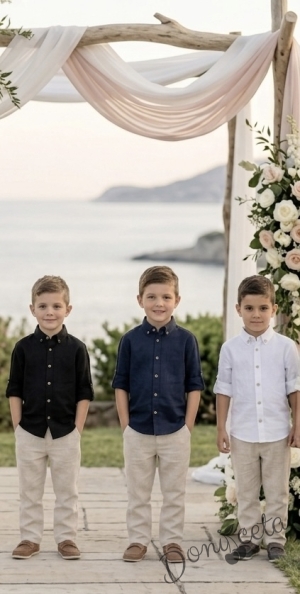 Детска риза с дълъг ръкав в бяло с копчета в бежово