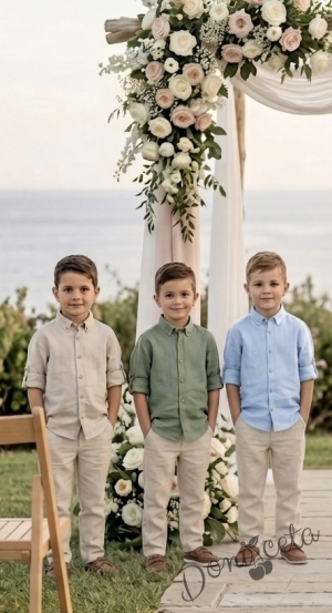 Детска риза с дълъг ръкав в светлосиньо с копчета в бежово  от колекция Бежина