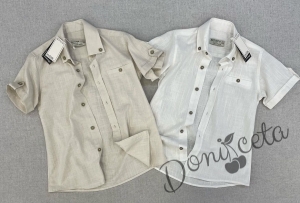 Лятна детска риза в бяло с къс ръкав за момче от лен с копчета в бежово