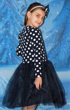 Детска рокля с дълъг ръкав с тюл в тъмносиньо и с диадема