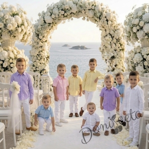 Детски комплект за момче от 2 части-риза с дълъг ръкав в розово с яка и панталон в бяло