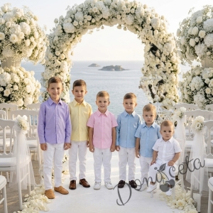 Детски комплект за момче от 2 части-риза с дълъг ръкав в розово с яка и панталон в бяло