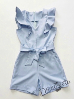 Лете детски къс гащеризон за момиче в светлосиньо с къдрички 