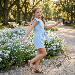 Лете детски къс гащеризон за момиче в светлосиньо с къдрички 