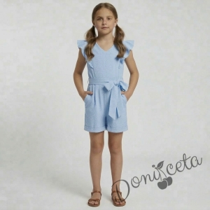 Лете детски къс гащеризон за момиче в светлосиньо с къдрички 