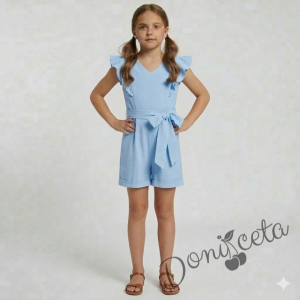 Лете детски къс гащеризон за момиче в светлосиньо с къдрички 