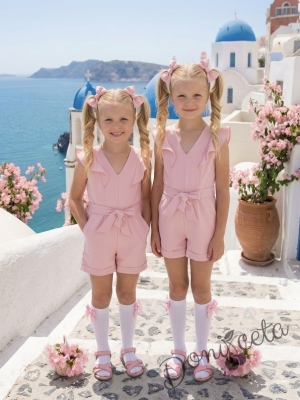 Летен детски къс гащеризон за момиче в розово о с къдрички 