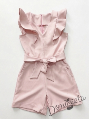 Летен детски къс гащеризон за момиче в розово о с къдрички 