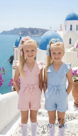 Летен детски къс гащеризон за момиче в розово о с къдрички 