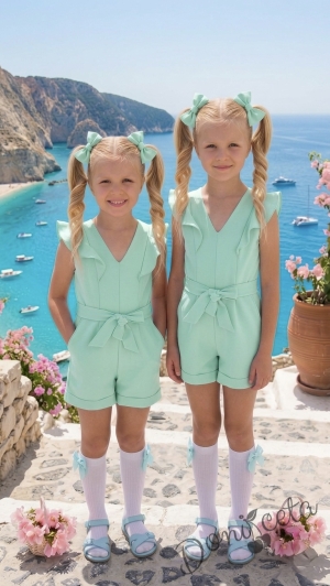 Лете детски къс гащеризон за момиче в тюркоаз с къдрички 