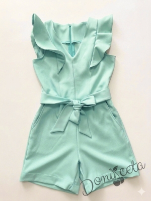 Лете детски къс гащеризон за момиче в тюркоаз с къдрички 