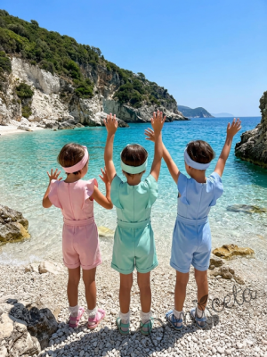 Лете детски къс гащеризон за момиче в светлосиньо с къдрички 