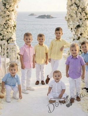 Детски комплект за момче от 2 части-риза с дълъг ръкав в лилаво с яка и панталон в бяло