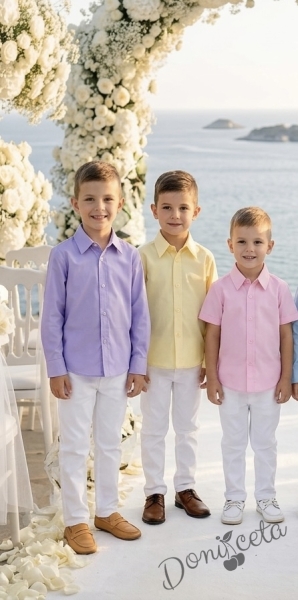 Детски комплект за момче от 2 части-риза с дълъг ръкав в лилаво с яка и панталон в бяло