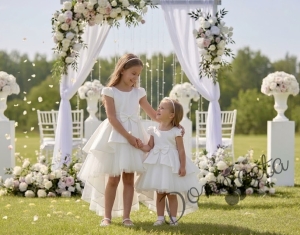  Официална детска рокля от плат Мариска с къс ръкав в екрю и тюл и шлейф