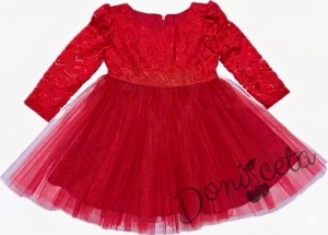 Детска официална рокля Крис с дълъг ръкав в червено с дантела и тюл им панделка отпред