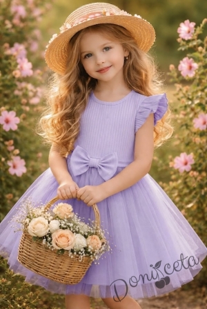 Ежедневна детска рокля с къс ръкав в лилаво с къдрички и тюл в долната част Оливия