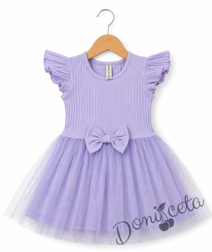 Ежедневна детска рокля с къс ръкав в лилаво с къдрички и тюл в долната част Оливия