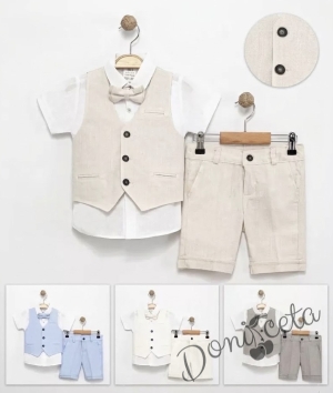 Летен официален комплект за момче от 4 части - риза в бяло с къс ръкав , къси панталони, елек и папийонка в екрю