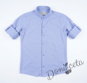 Официална детска риза с дълъг ръкав без яка в светлосиньо 