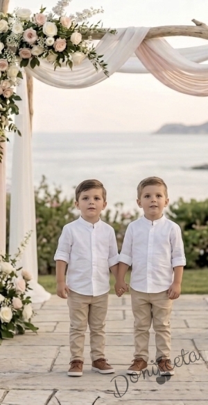 Детска риза с дълъг ръкав за момче в бяло без яка